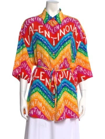 Pre-owned Valentino Silk Graphic Print Blouse W/ Tags In Orange