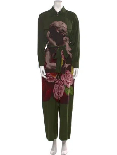Pre-owned Valentino Silk Graphic Print Jumpsuit In Green