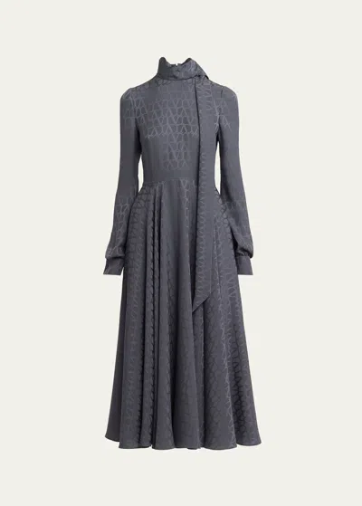 Valentino Silk Iconograph Print Midi Dress With Scarf Neckline In Stone