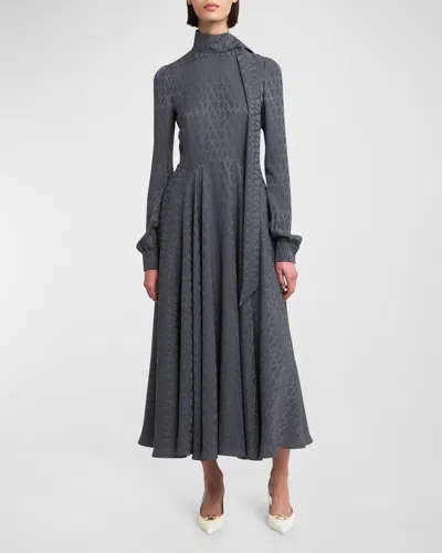 Valentino Silk Iconograph Print Midi Dress With Scarf Neckline In Stone