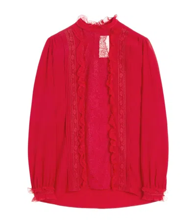 Valentino High-neck Ruffle Lace-bib Silk Blouse In Red