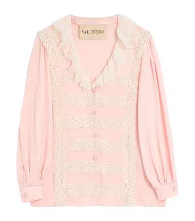 Valentino Silk Lace-trim Blouse In Pink