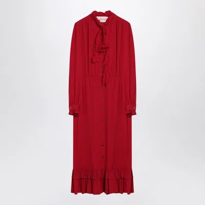 Valentino Silk Midi Dress With Ruffled Bow Detail In Red
