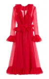 Valentino Womens Paris V-neck Ruffle-trim Silk Midi Dress In Red