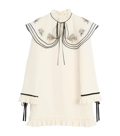 Valentino Wool Blend Mini Dress With Embroidered Ruffles In White