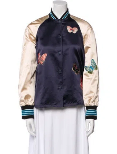Pre-owned Valentino Silk Printed Bomber Jacket In Blue
