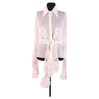 Pre-owned Valentino Silk Shirt With Beaded Embroidery + Lace Bow Belt In Sand