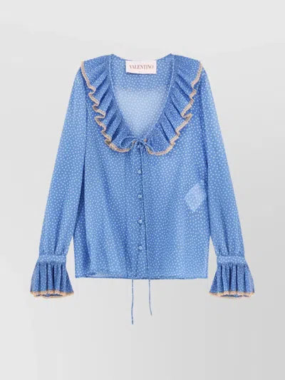 VALENTINO SILK SHIRT WITH LACE TRIM AND POLKA DOTS