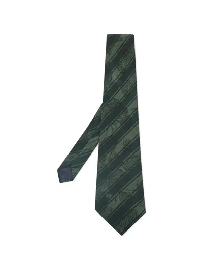 Pre-owned Valentino Garavani Silk Stripe Floral Tie In Green