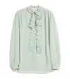 Valentino Crepe Shirt With High Neck And Ruffled Neckline In Green