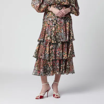 Valentino Silk Tiered Skirt Floral Pattern Design In Multi