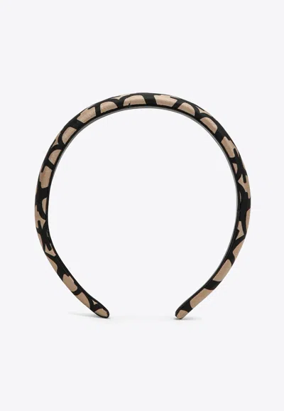 Valentino Garavani V Logo All Over Twill Leather Headband In Beige