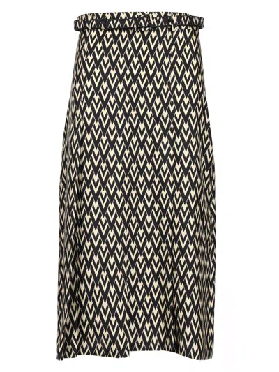 Valentino Belted Pleated Printed Silk-twill Midi Skirt In Black