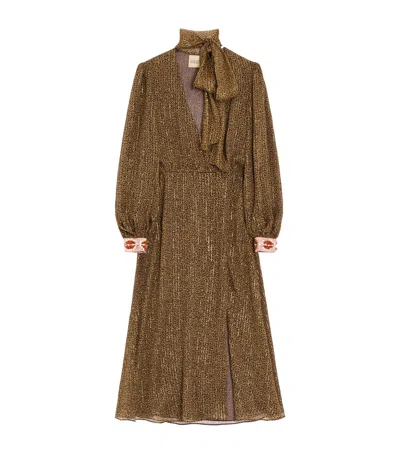 Valentino Silk-blend Embellished-cuff Midi Dress In Brown