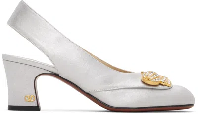 Valentino Garavani Silver Adamantine Slingback Glitter Fabric Heels In White