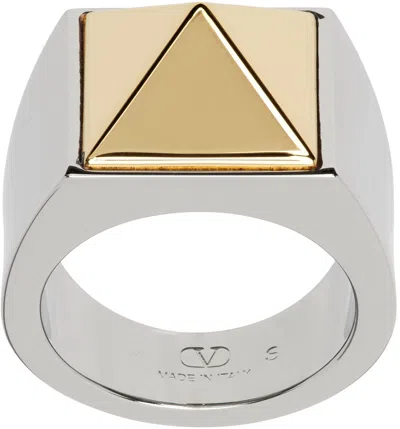 Valentino Garavani Silver & Gold Pyramid Stud Ring In Palladium/oro 18