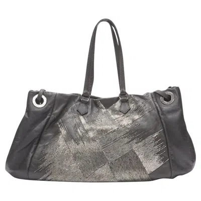 Valentino Garavani Silver Bead Embellished Leather Crossbody Large Tote Bag In Gray
