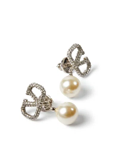 Valentino Garavani Silver Crystals And Pearl Vlogo Earrings In Metallic
