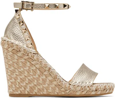 Valentino Garavani Silver Double Rockstud Grainy Calfskin Wedge Sandals In Multi