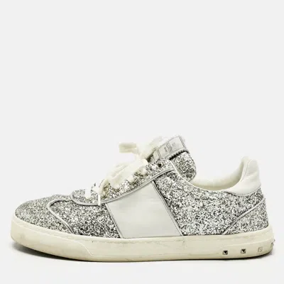 Pre-owned Valentino Garavani Silver Glitter And Leather Fly Crew Low Top Sneakers Size 41