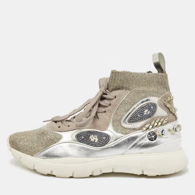 Pre-owned Valentino Garavani Silver Knit Fabric And Leather Crystal Embellished High Top Sneakers Size 37.5