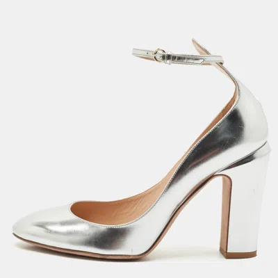 Pre-owned Valentino Garavani Silver Leather Tango Ankle Strap Block Heel Pumps Size 40