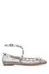 Valentino Mesh Rockstud Ballerinas Featuring Bow Detail In Pastelgreysilversilver