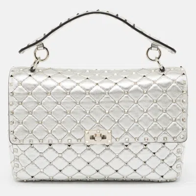 Pre-owned Valentino Garavani Silver Quilted Leather Large Rockstud Spike Top Handle Bag