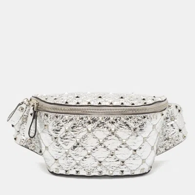 Pre-owned Valentino Garavani Silver Quilted Patent Leather Rockstud Spike Belt Bag