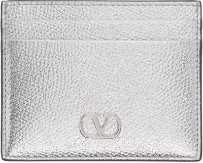 Valentino Garavani Silver Vlogo Signature Laminated Grainy Calfskin Card Holder