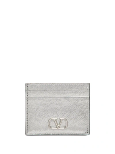 Valentino Garavani Silver Vlogo Signature Leather Card Holder In Grey