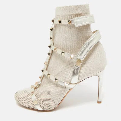 Pre-owned Valentino Garavani Silver/grey Leather And Glitter Fabric Rockstud Accents Sock Boots Size 38 In Gold