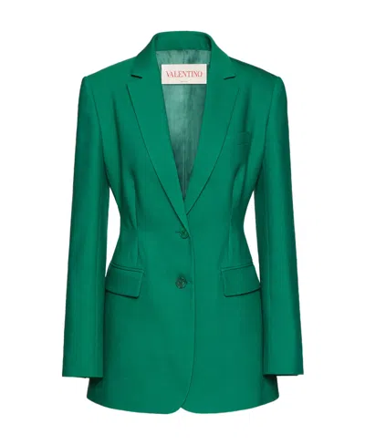 Valentino Single-breasted Wool-silk Blazer In Green
