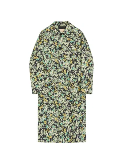 Valentino Single-breasted Coat In Cotton Drill With Papier Floral Print In Green