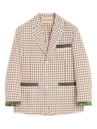 Valentino Single-breasted Cotton Jacket With Check Pattern And Printed Edges In Neutral