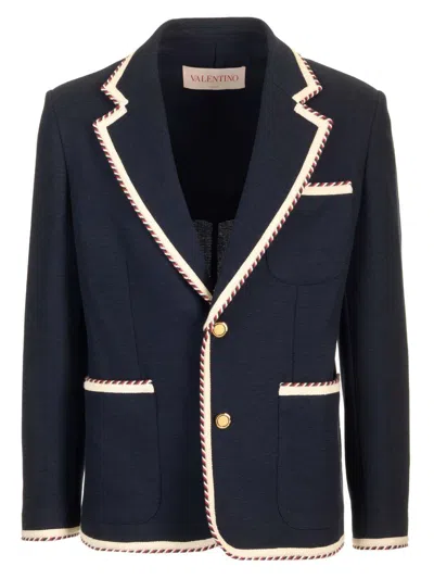 Valentino Single-breasted Jersey Cotton Jacket With Torchon Piping In Blue