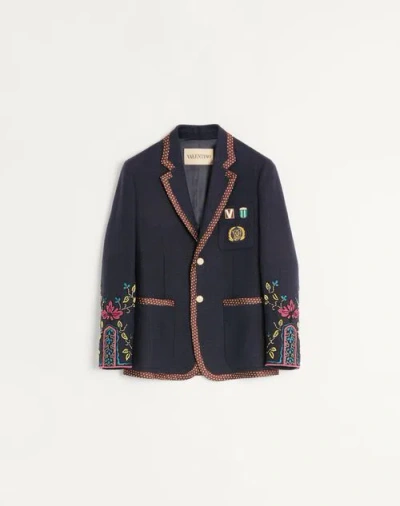 Valentino Single-breasted Linen Jacket With Beaded Embroidery And Patches In Black