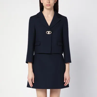 Valentino Single-breasted Navy Wool Crop Jacket In Blue