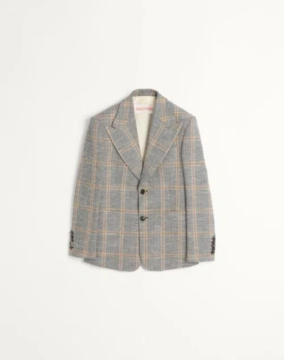 Valentino Single-breasted Wool Blend Jacket With Check Pattern In Grey