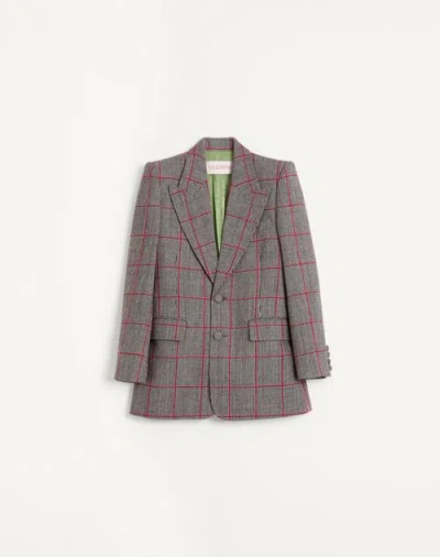 Valentino Single-breasted Wool Jacket With Check Pattern In Black/ivory White/cherry Red