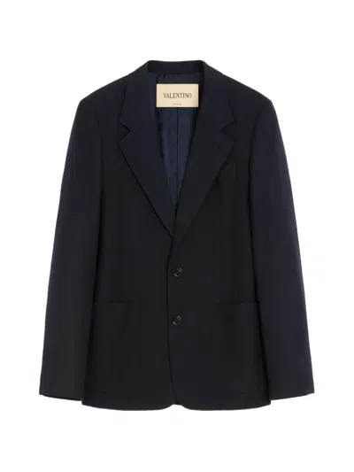 Valentino Single-breasted Jacket In Natté Wool In Blue
