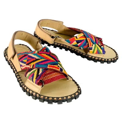Pre-owned Valentino Garavani Valentino Size 10.5 Tan Multi Color Embroidery Leather Straps Sandals In Brown