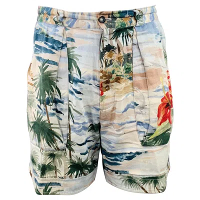 Pre-owned Valentino Size 30 Multi Color Hawaiian Tropical Cotton Twill Zip Fly Shorts In Gray