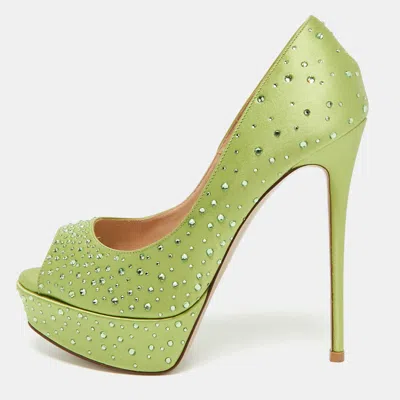 Pre-owned Valentino Garavani Size 36.5 Green Satin Crystal Embellished Platform Pumps
