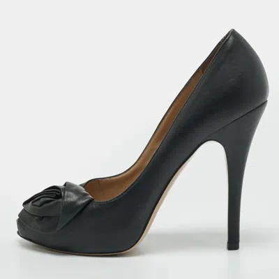 Pre-owned Valentino Garavani Size 37 Black Leather Bow Flower Peep Toe Pumps