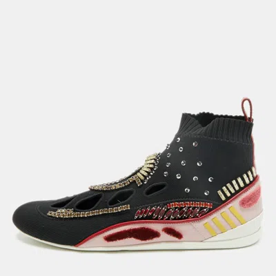 Pre-owned Valentino Garavani Size 37 Black/pink Knit Fabric And Leather Crystal Embellished High Top Sneakers