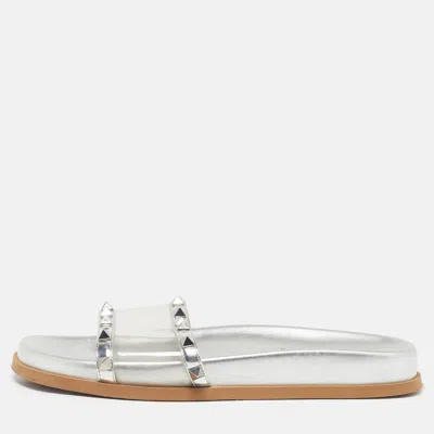 Pre-owned Valentino Garavani Size 37 Silver/transperent Leather And Pvc Rockstud Flat Slides