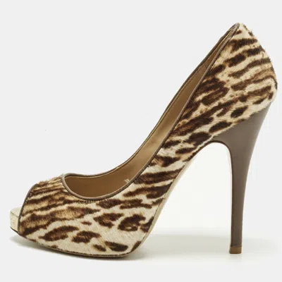 Pre-owned Valentino Garavani Size 38 Beige/brown Calf Hair Platform Peep Toe Pumps In Sand