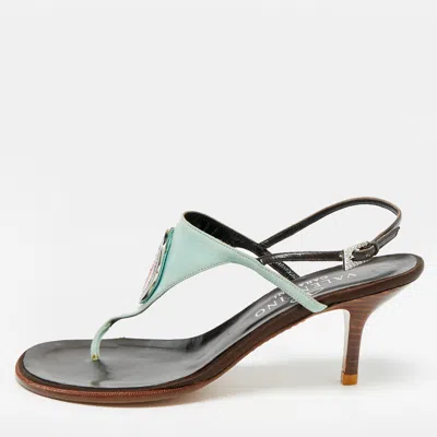 Pre-owned Valentino Garavani Size 38 Blue Suede And Leather Crystal Embellished Thong Sandals