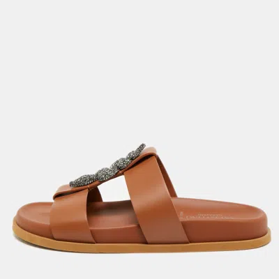 Pre-owned Valentino Garavani Size 38 Brown Leather Snake Crystal Embellished Flat Slides